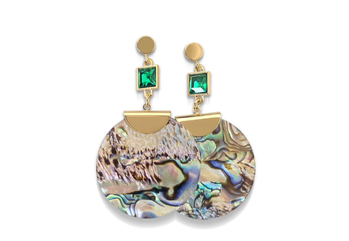 Green and gold dangle earrings