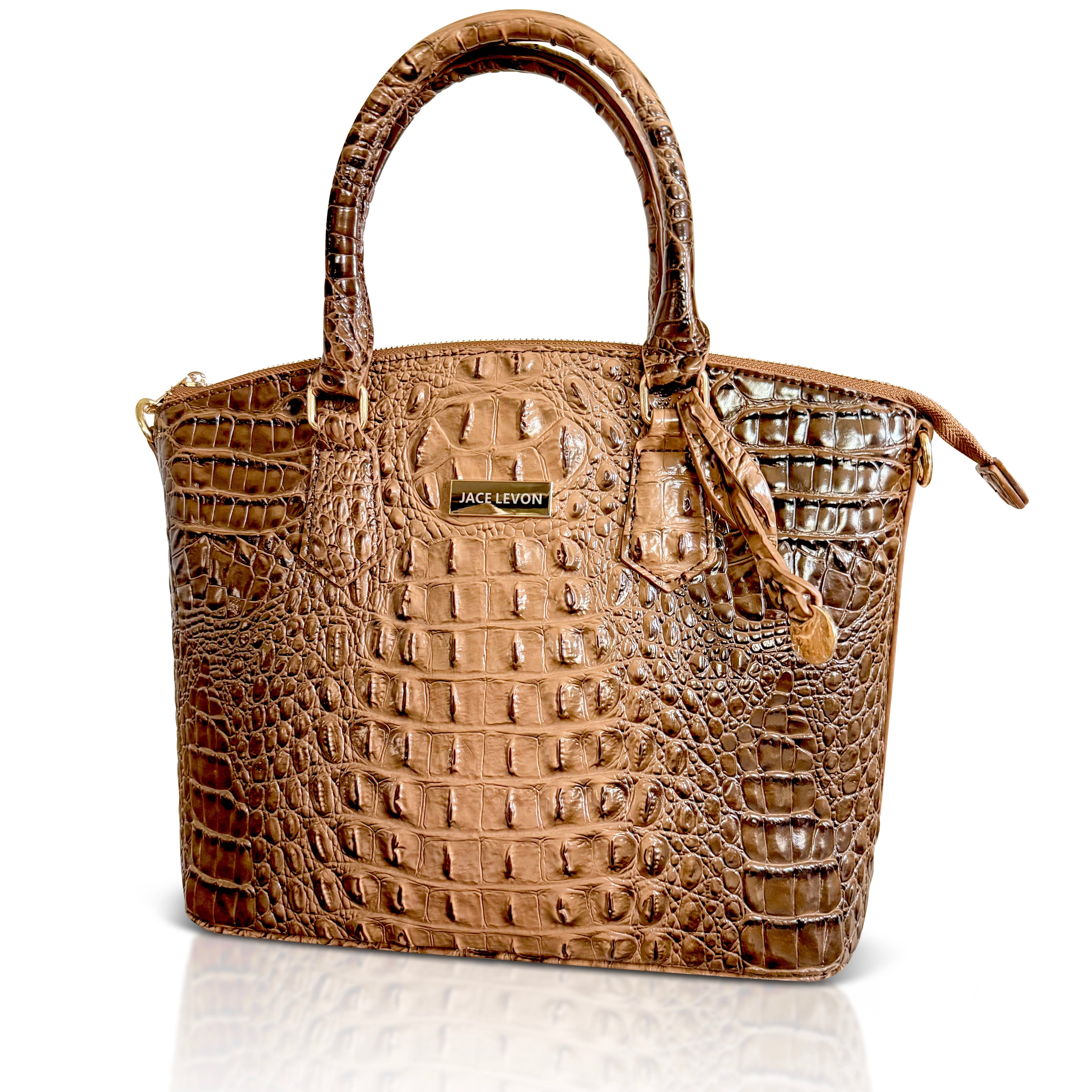 Brown crocodile-patterned handbag on a white background
