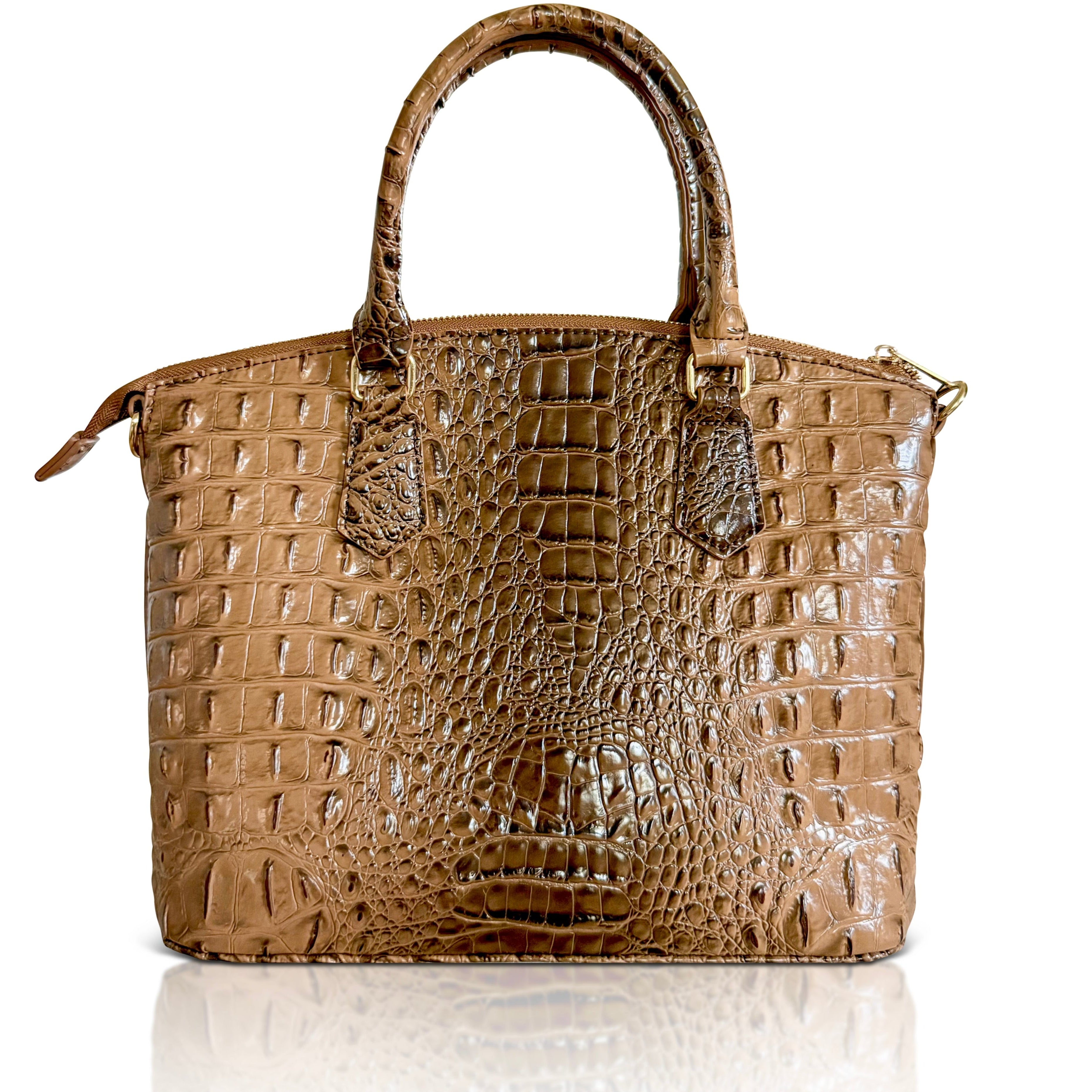 Brown crocodile-patterned handbag on a white background