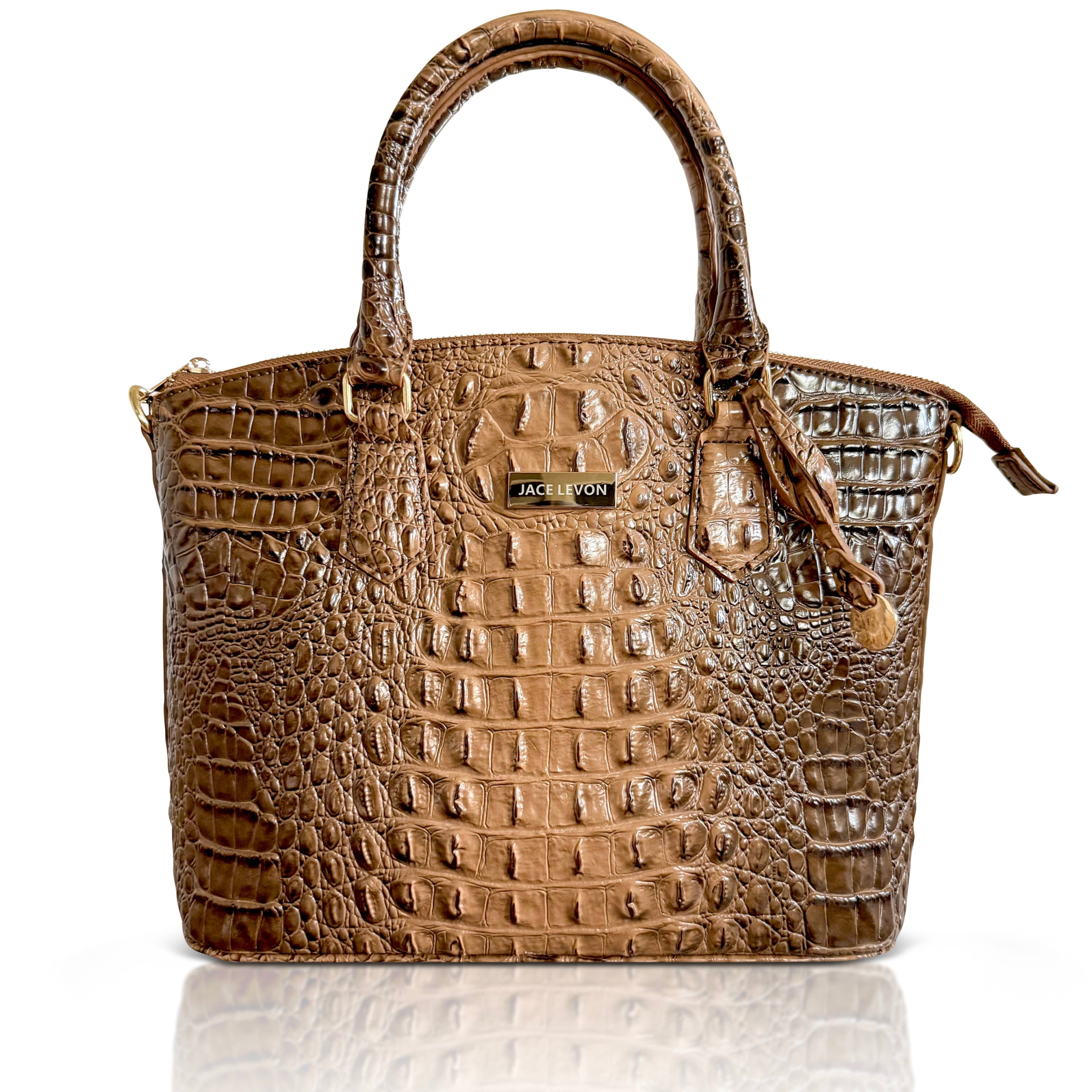 Brown crocodile-patterned handbag on a white background