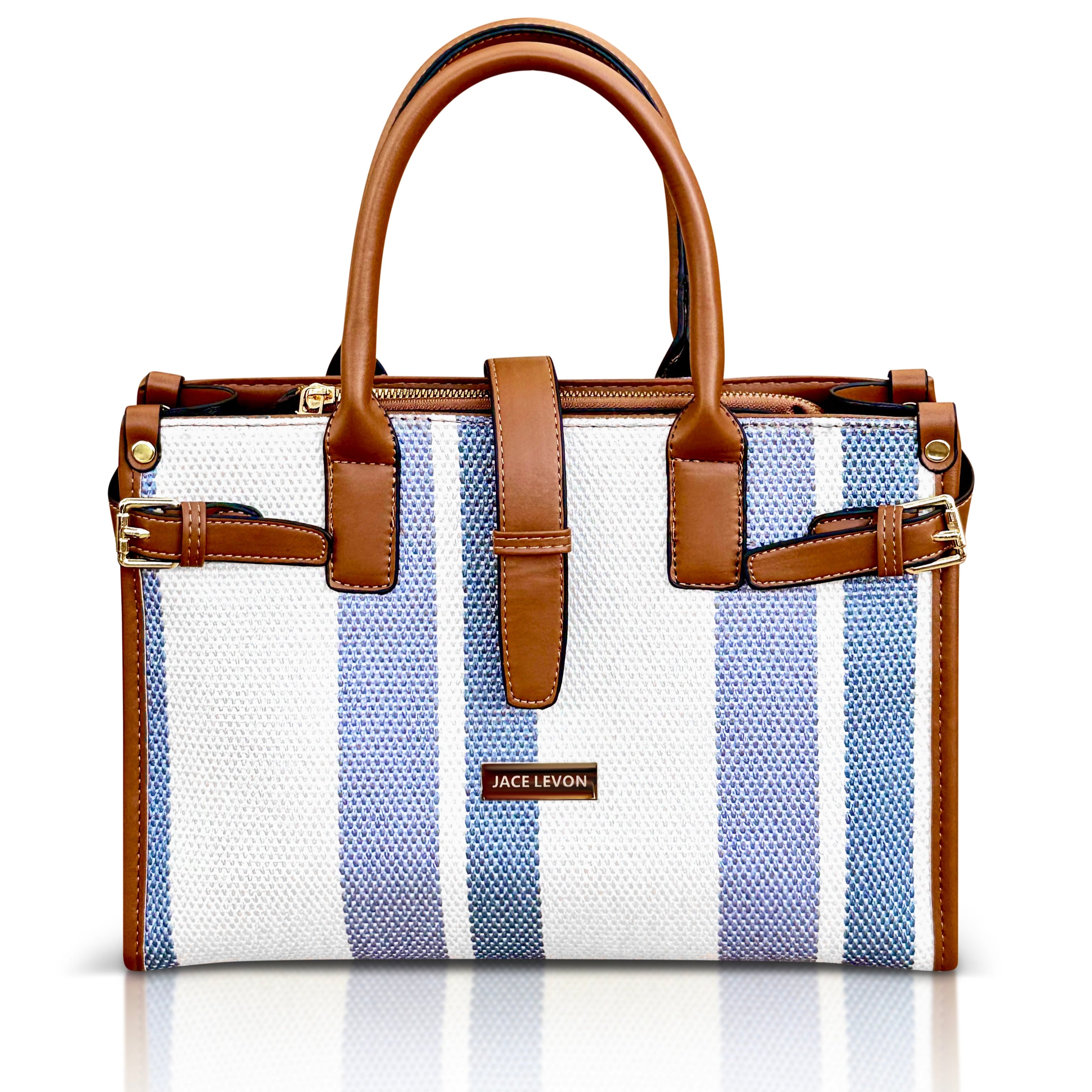 Handbag with blue and white striped pattern and brown leather accents on a white background