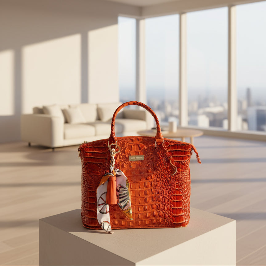 Brown textured handbag with orange tassel handbag charm